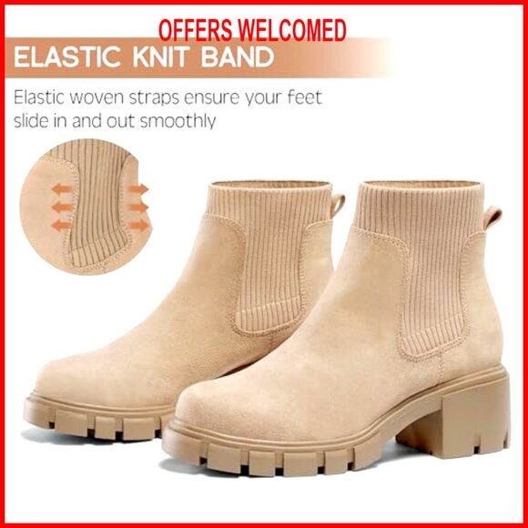 Women's Chelsea Boots Chunky Heel Lug Sole Elastic Ankle Booties Size 6-11 - Picture 3 of 6